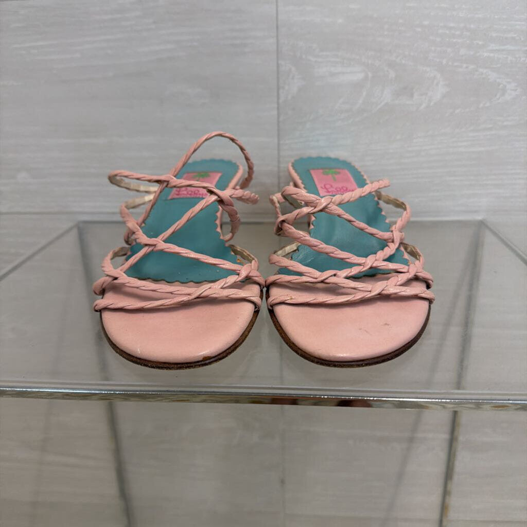 Vintage Lilly Pulitzer Pink Leather Woven Strap Slide Sandal Heels 7.5