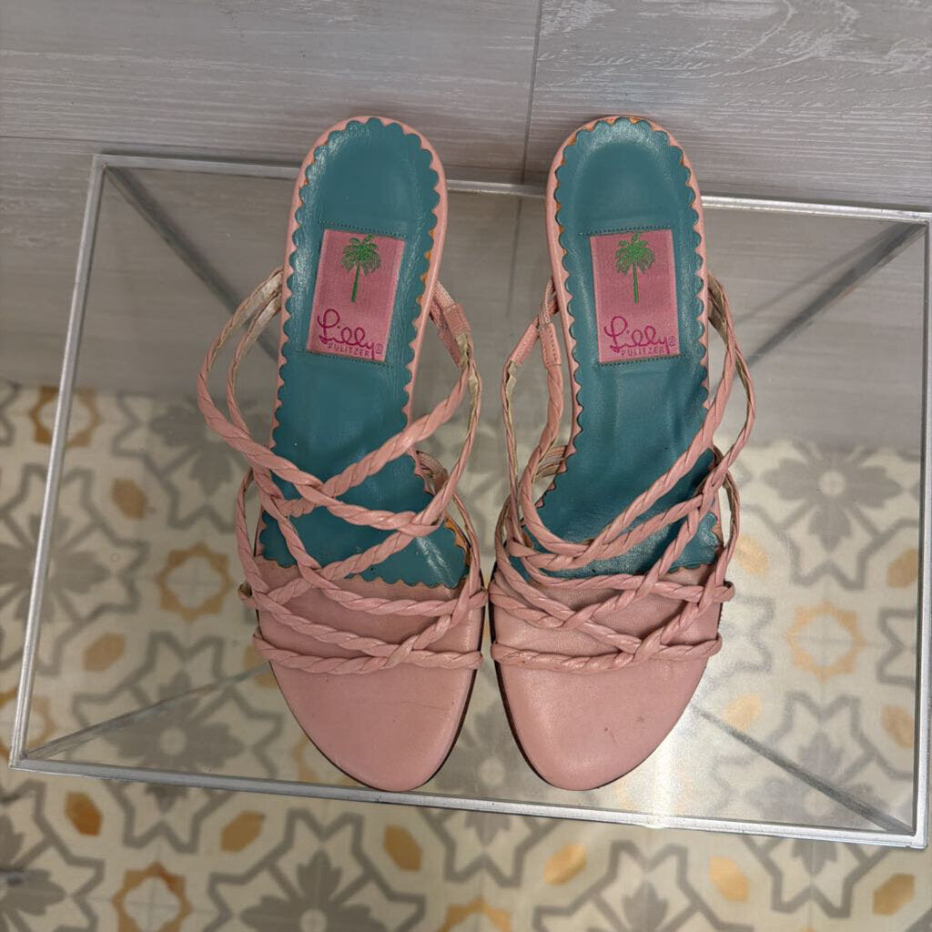 Vintage Lilly Pulitzer Pink Leather Woven Strap Slide Sandal Heels 7.5