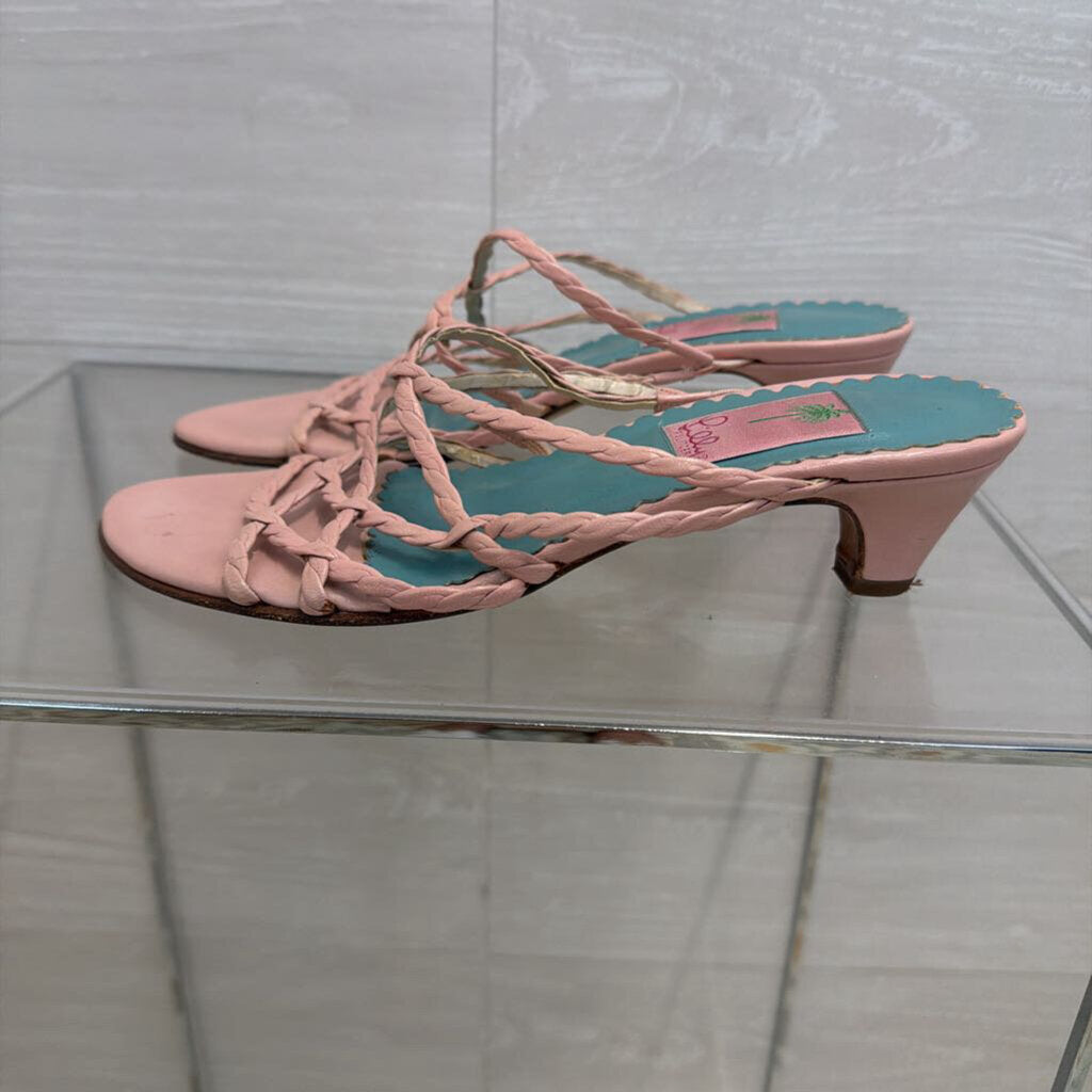 Vintage Lilly Pulitzer Pink Leather Woven Strap Slide Sandal Heels 7.5