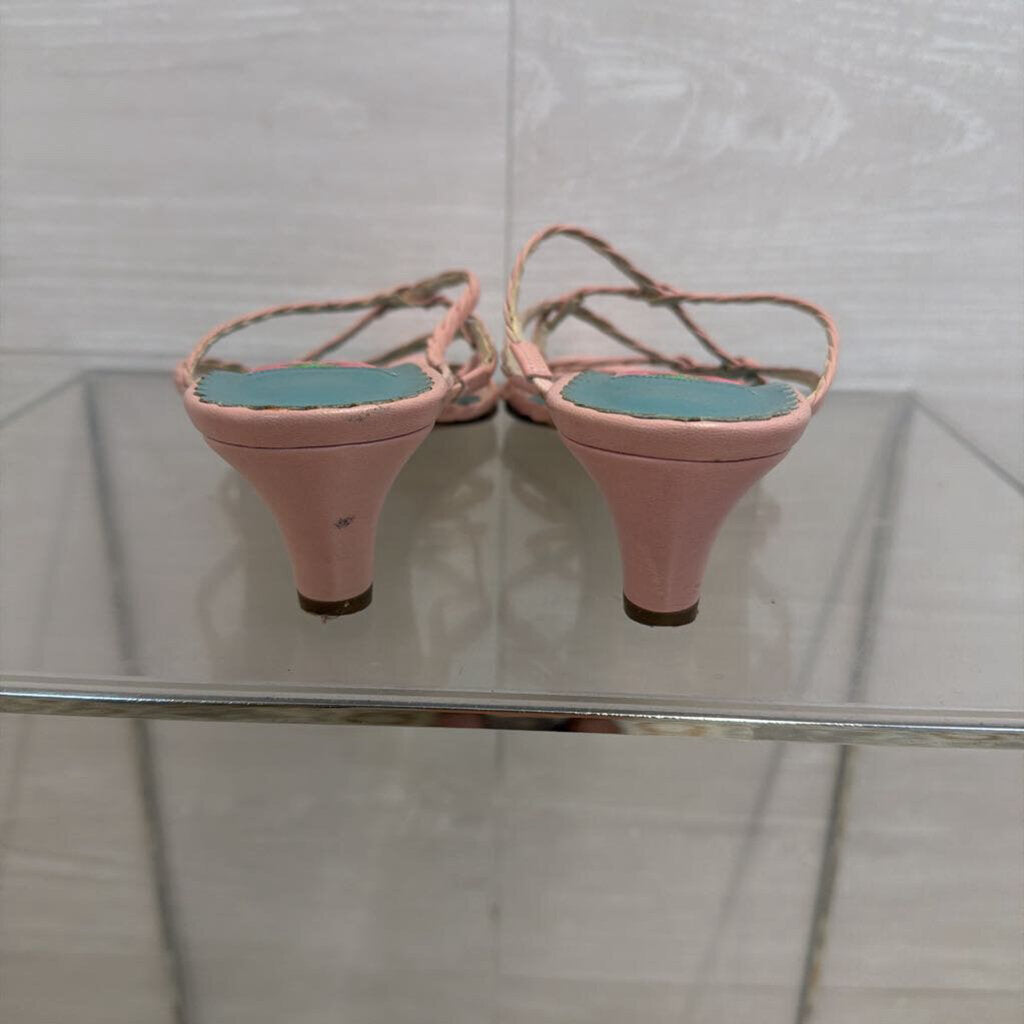 Vintage Lilly Pulitzer Pink Leather Woven Strap Slide Sandal Heels 7.5