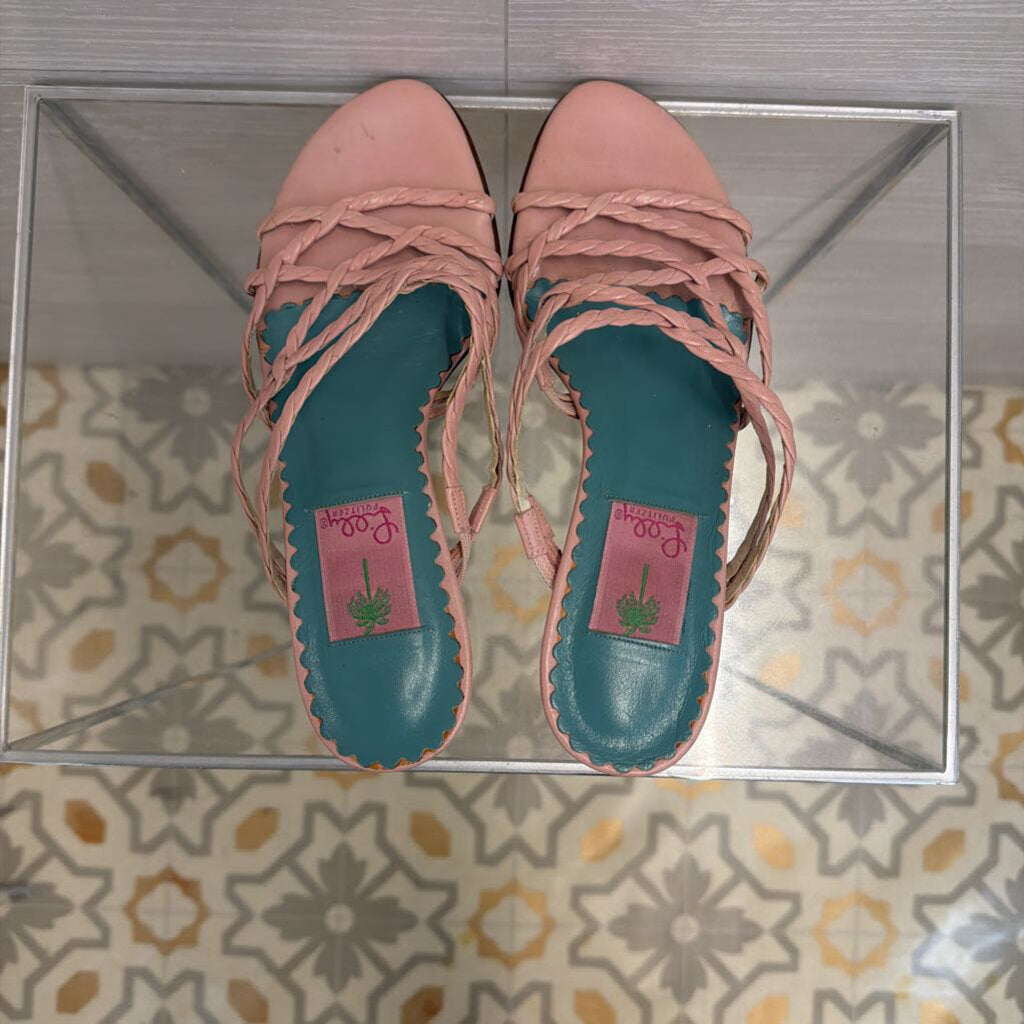 Vintage Lilly Pulitzer Pink Leather Woven Strap Slide Sandal Heels 7.5