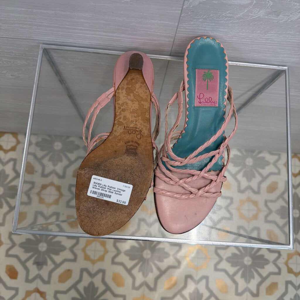 Vintage Lilly Pulitzer Pink Leather Woven Strap Slide Sandal Heels 7.5