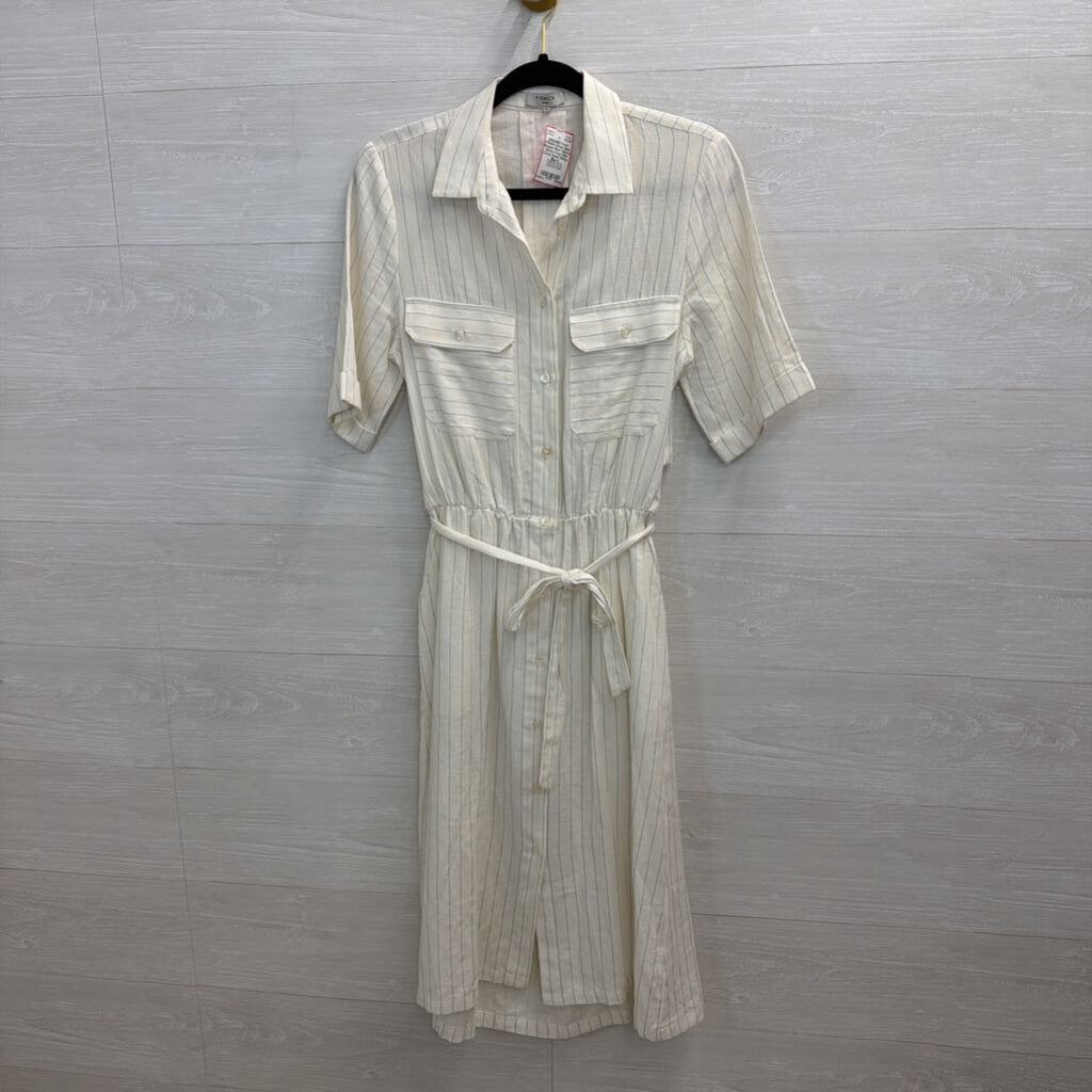 FRNCH White/ Blue Striped Short Sleeve Button Front Midi Dress Small