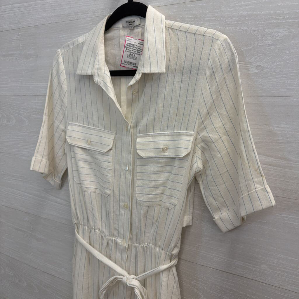 FRNCH White/ Blue Striped Short Sleeve Button Front Midi Dress Small