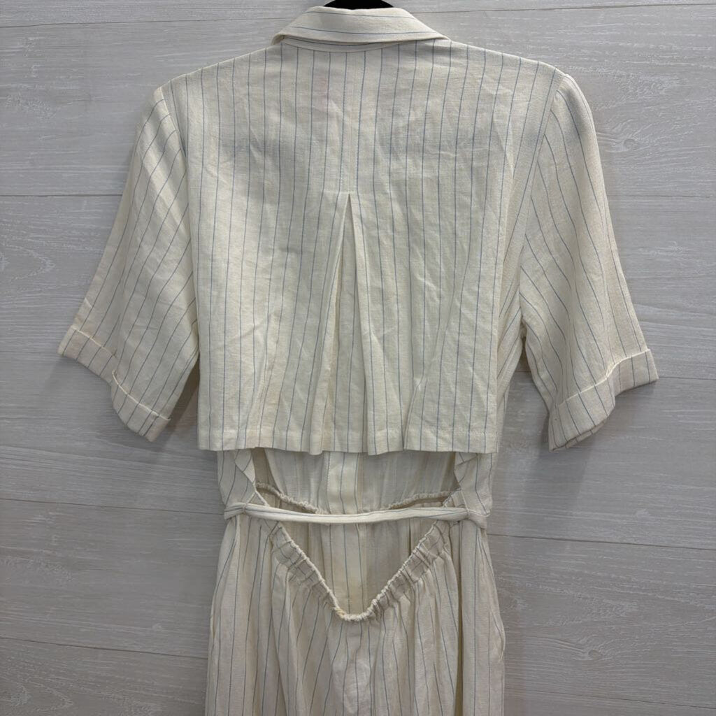 FRNCH White/ Blue Striped Short Sleeve Button Front Midi Dress Small