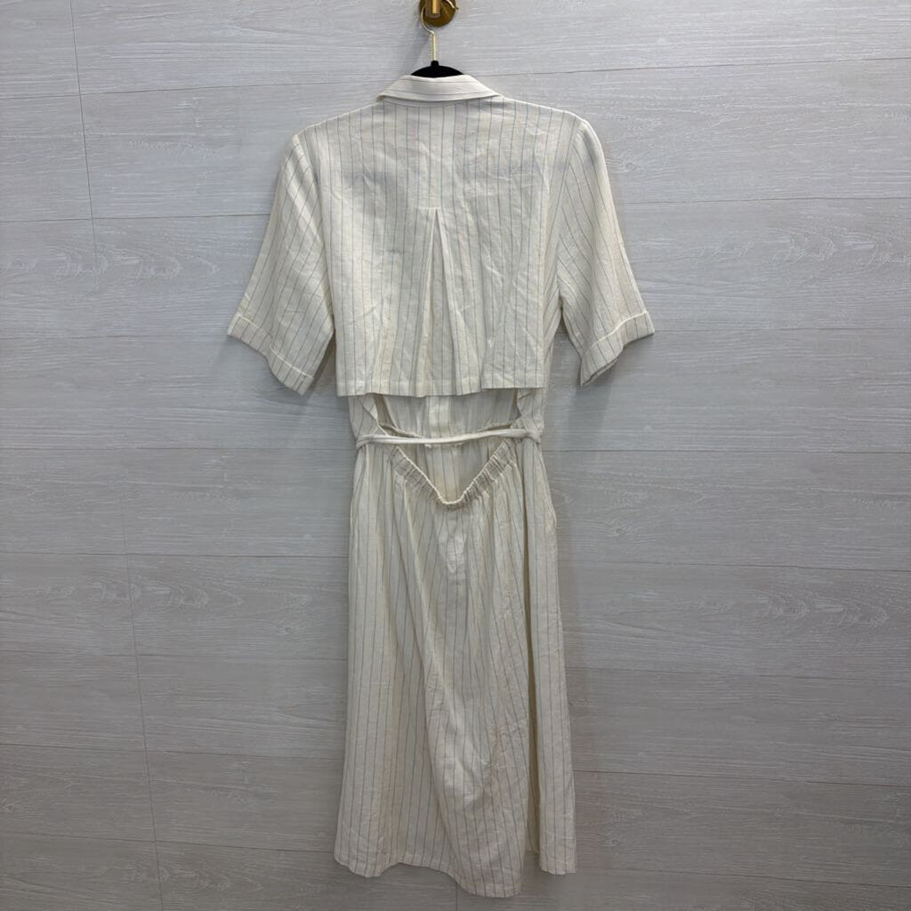 FRNCH White/ Blue Striped Short Sleeve Button Front Midi Dress Small