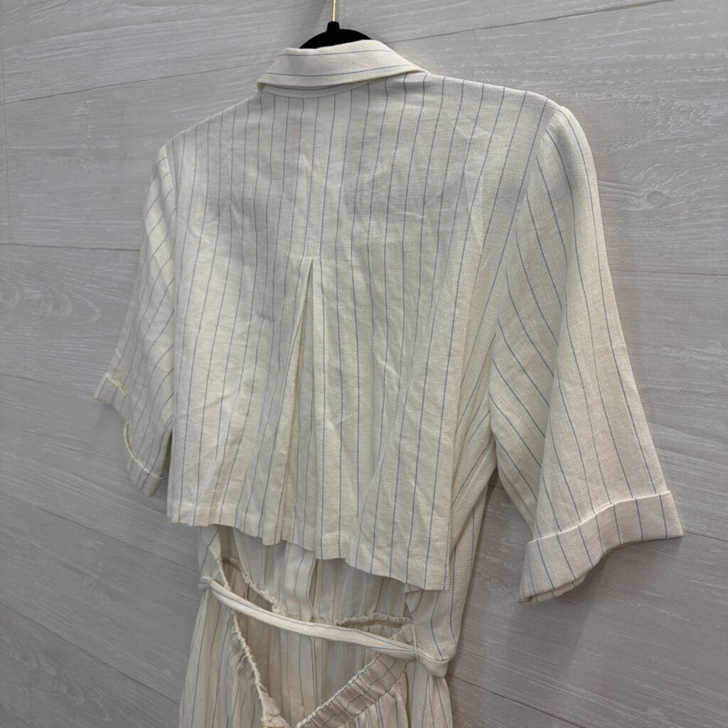 FRNCH White/ Blue Striped Short Sleeve Button Front Midi Dress Small