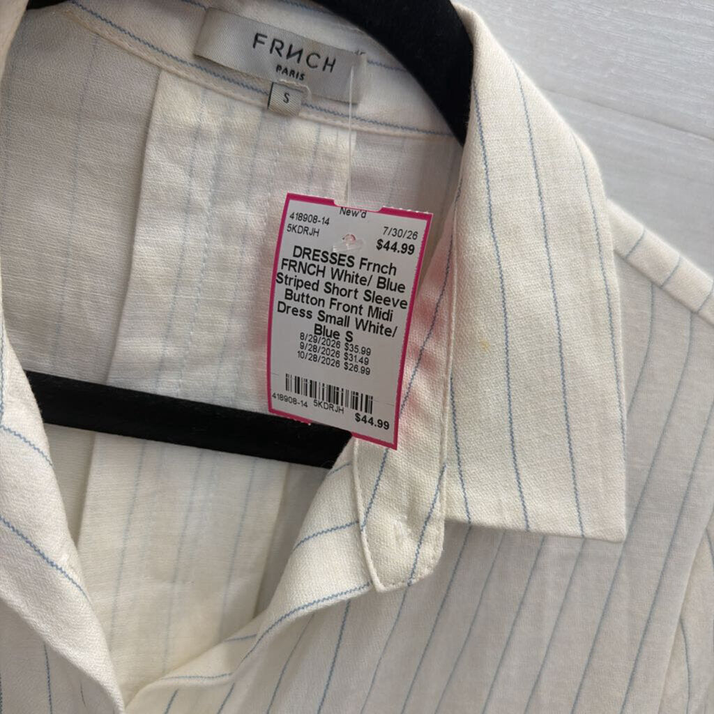 FRNCH White/ Blue Striped Short Sleeve Button Front Midi Dress Small