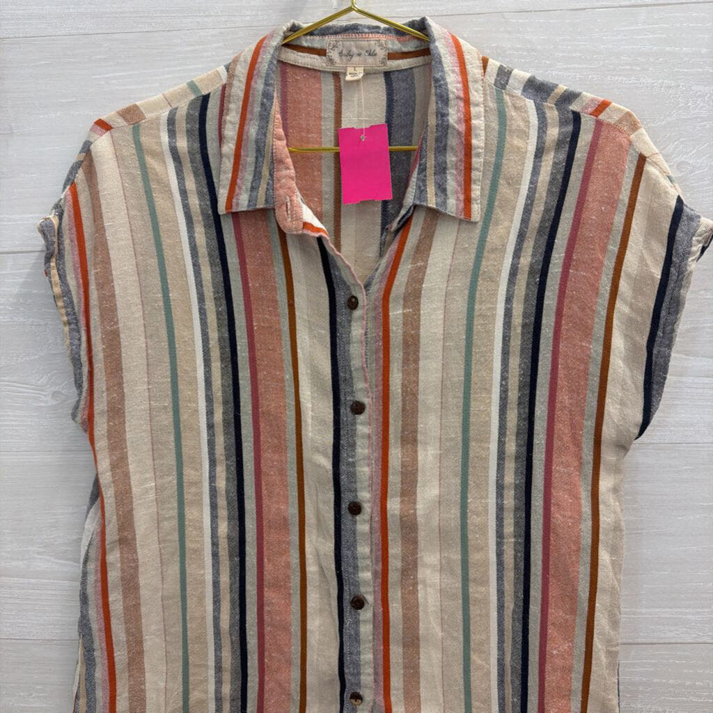 Bailey and Chloe Beige/ Multi Striped Short Sleeve Button Down Top Large