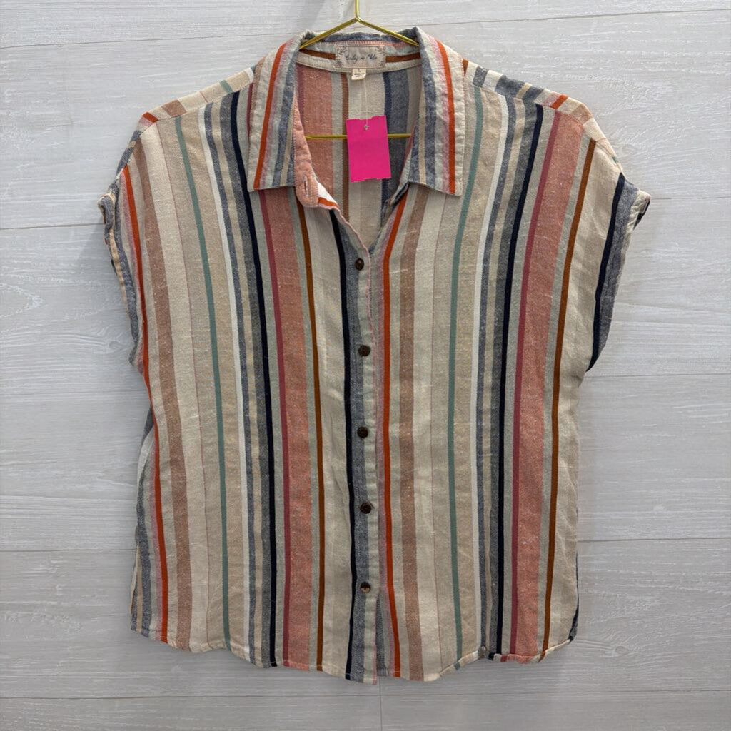 Bailey and Chloe Beige/ Multi Striped Short Sleeve Button Down Top Large