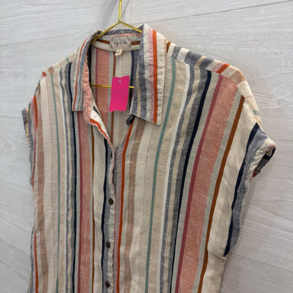Bailey and Chloe Beige/ Multi Striped Short Sleeve Button Down Top Large