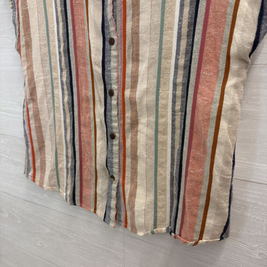Bailey and Chloe Beige/ Multi Striped Short Sleeve Button Down Top Large