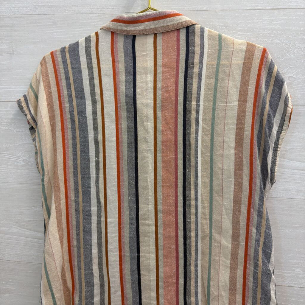 Bailey and Chloe Beige/ Multi Striped Short Sleeve Button Down Top Large