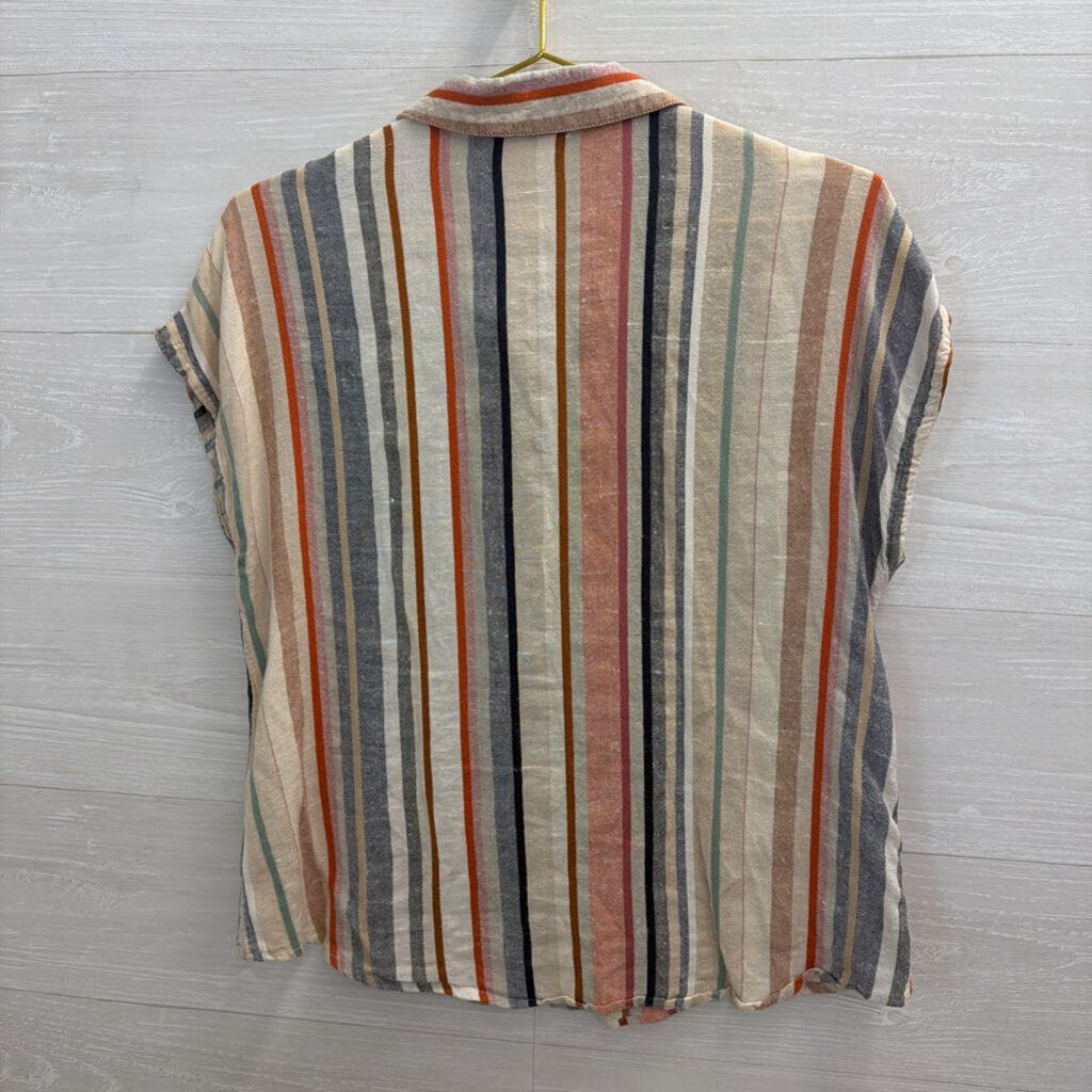Bailey and Chloe Beige/ Multi Striped Short Sleeve Button Down Top Large