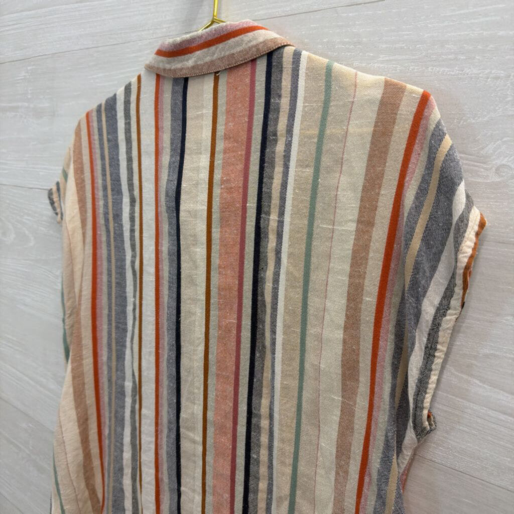 Bailey and Chloe Beige/ Multi Striped Short Sleeve Button Down Top Large