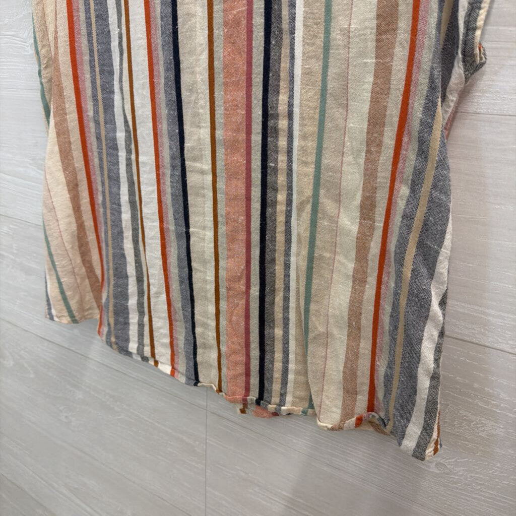 Bailey and Chloe Beige/ Multi Striped Short Sleeve Button Down Top Large