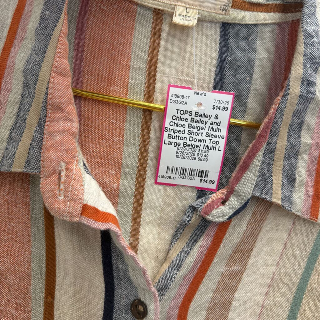 Bailey and Chloe Beige/ Multi Striped Short Sleeve Button Down Top Large