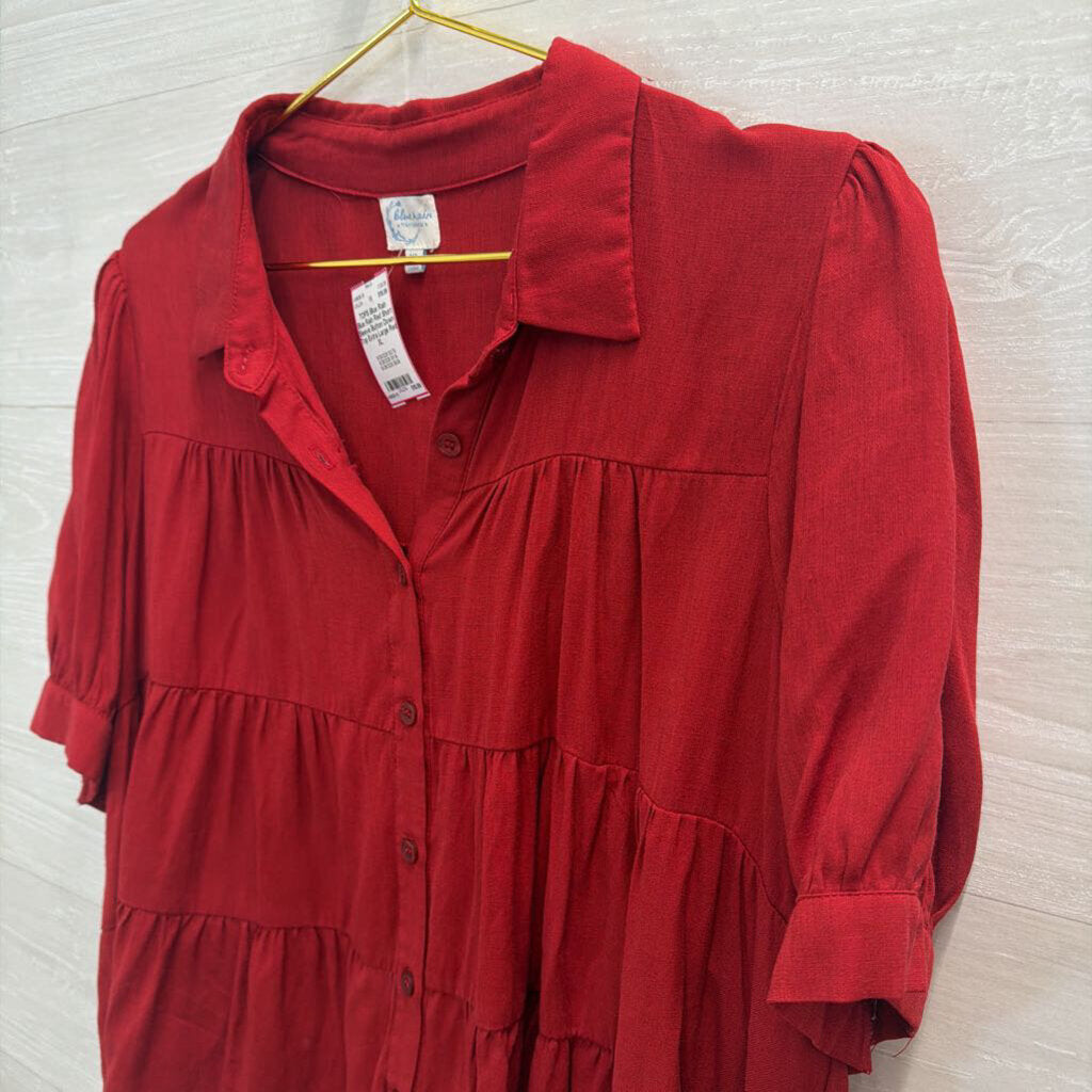 Blue Rain Red Short Sleeve Button Down Top Extra Large
