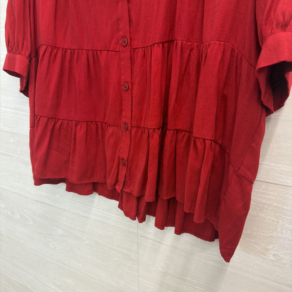 Blue Rain Red Short Sleeve Button Down Top Extra Large