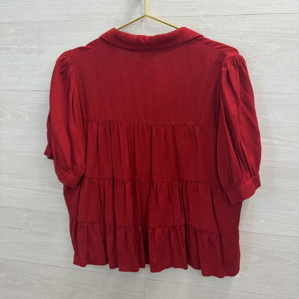 Blue Rain Red Short Sleeve Button Down Top Extra Large