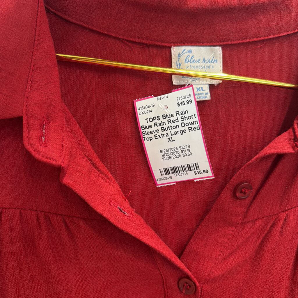 Blue Rain Red Short Sleeve Button Down Top Extra Large
