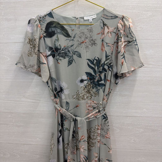 Baltic Born Grey/ Multi Floral Print Short Sleeve Tie Waist Maxi Dress Small