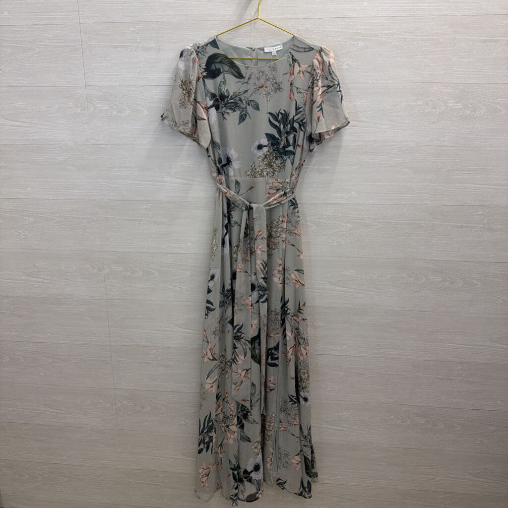 Baltic Born Grey/ Multi Floral Print Short Sleeve Tie Waist Maxi Dress Small