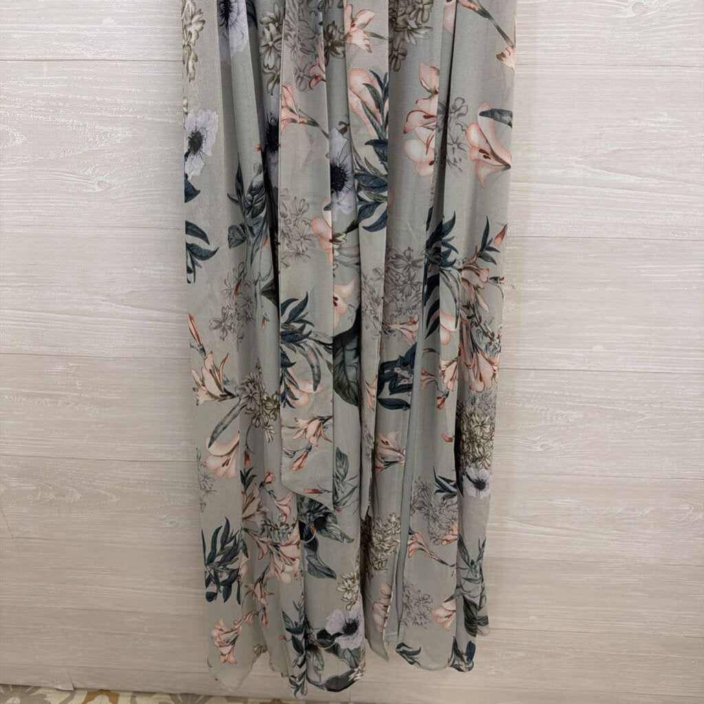 Baltic Born Grey/ Multi Floral Print Short Sleeve Tie Waist Maxi Dress Small