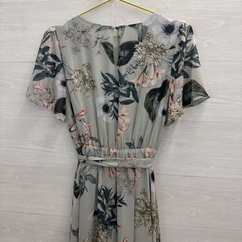 Baltic Born Grey/ Multi Floral Print Short Sleeve Tie Waist Maxi Dress Small