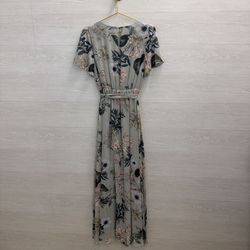 Baltic Born Grey/ Multi Floral Print Short Sleeve Tie Waist Maxi Dress Small