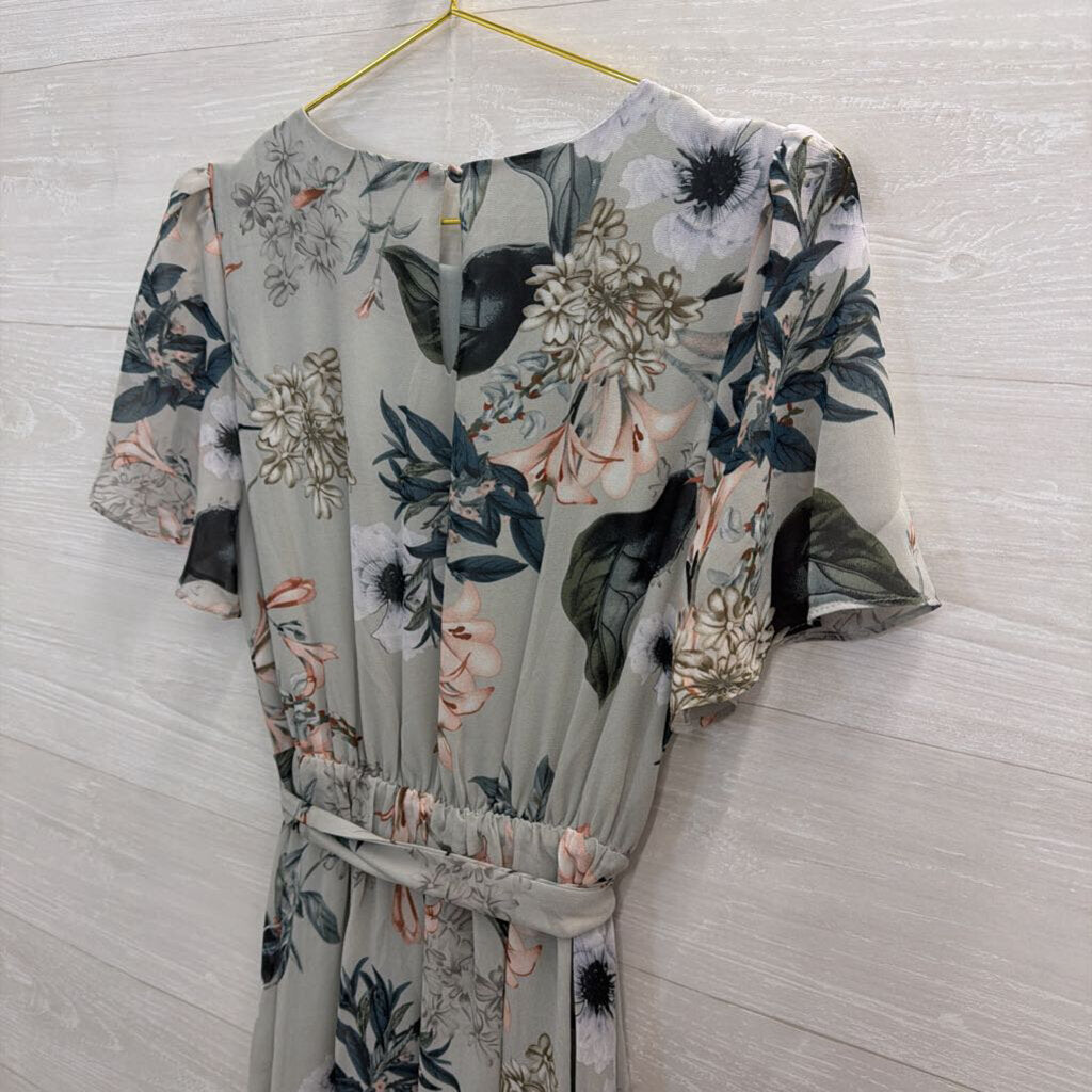 Baltic Born Grey/ Multi Floral Print Short Sleeve Tie Waist Maxi Dress Small