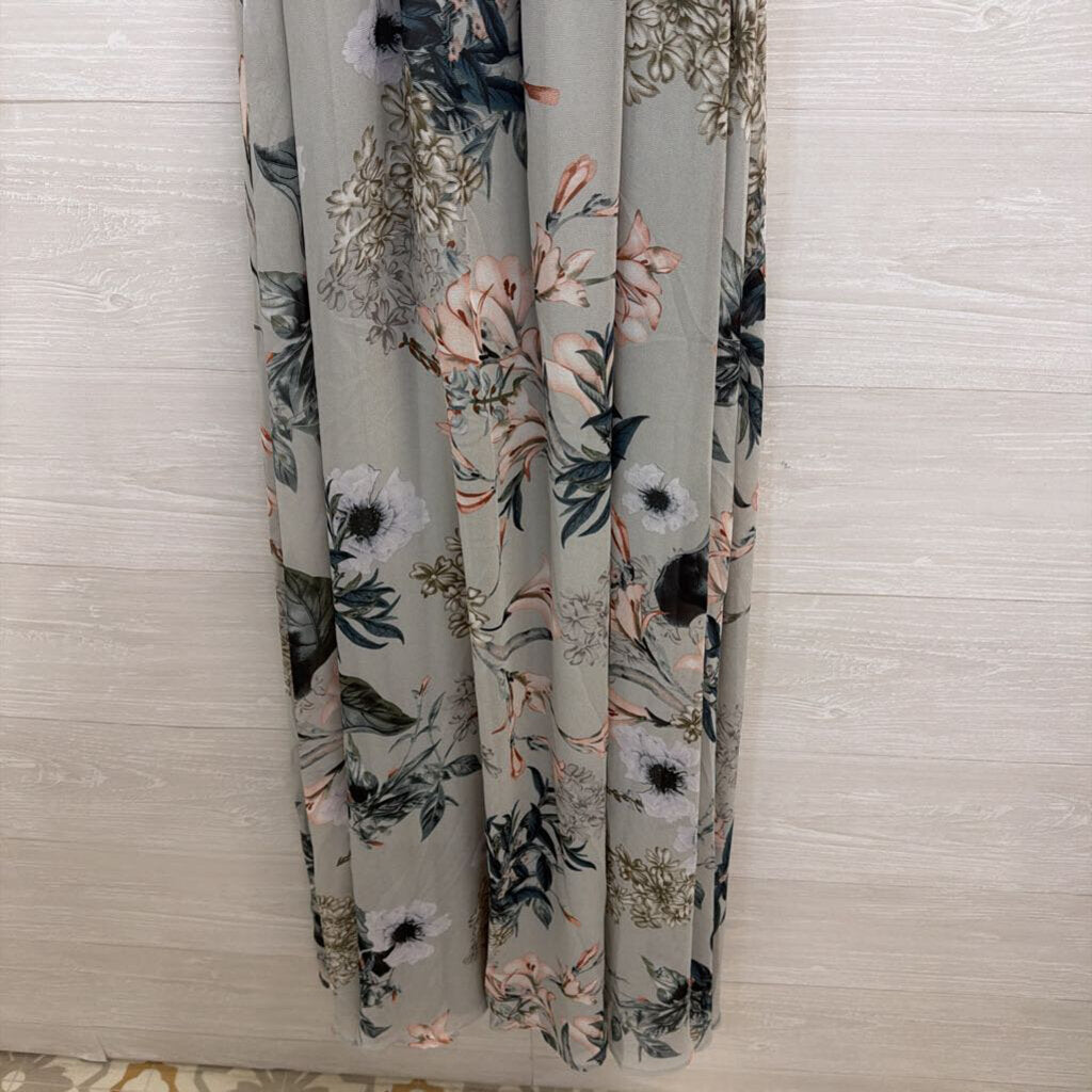 Baltic Born Grey/ Multi Floral Print Short Sleeve Tie Waist Maxi Dress Small