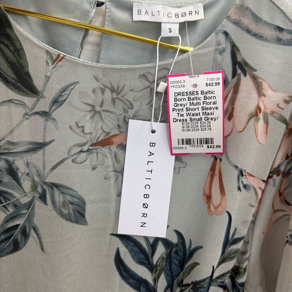 Baltic Born Grey/ Multi Floral Print Short Sleeve Tie Waist Maxi Dress Small