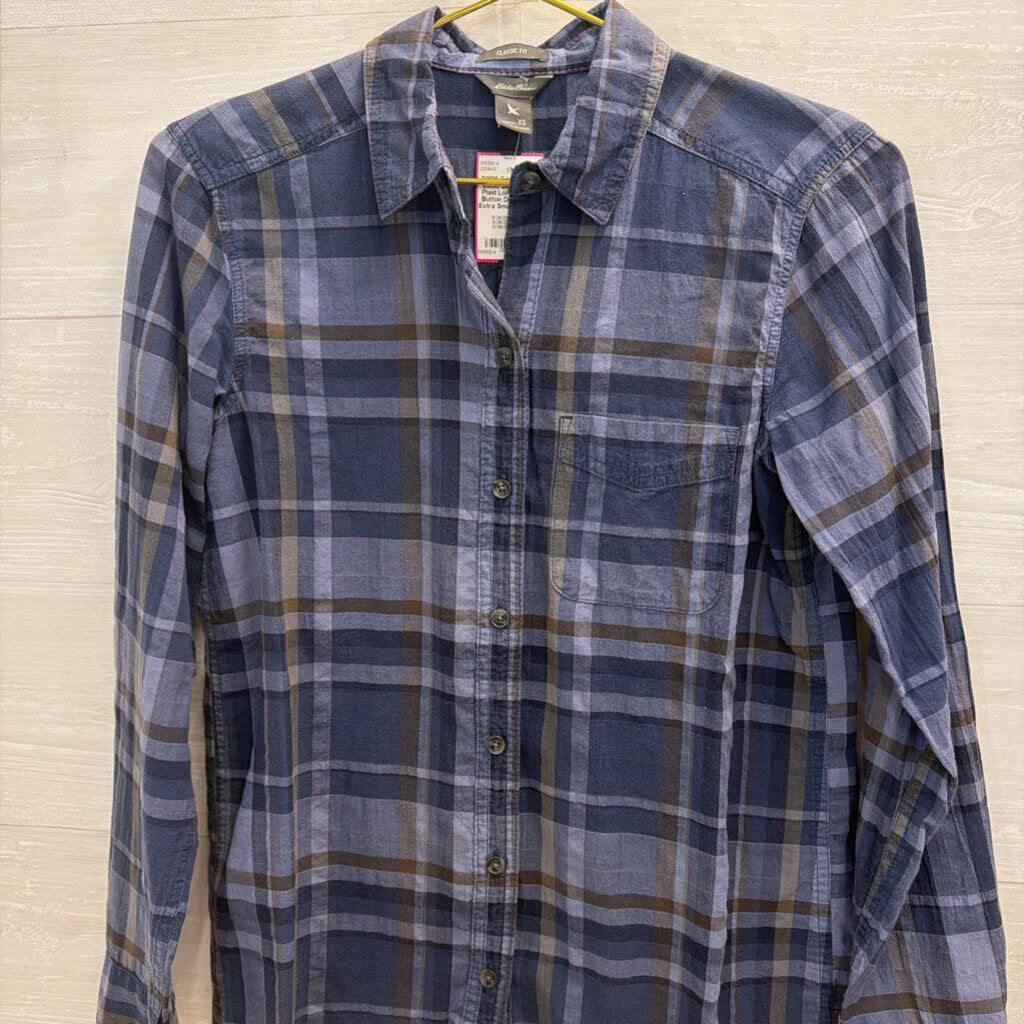 Eddie Bauer Blue Plaid Long Sleeve Button Down Top Extra Small