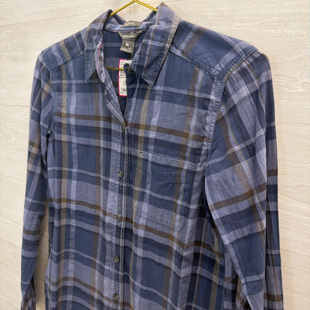 Eddie Bauer Blue Plaid Long Sleeve Button Down Top Extra Small