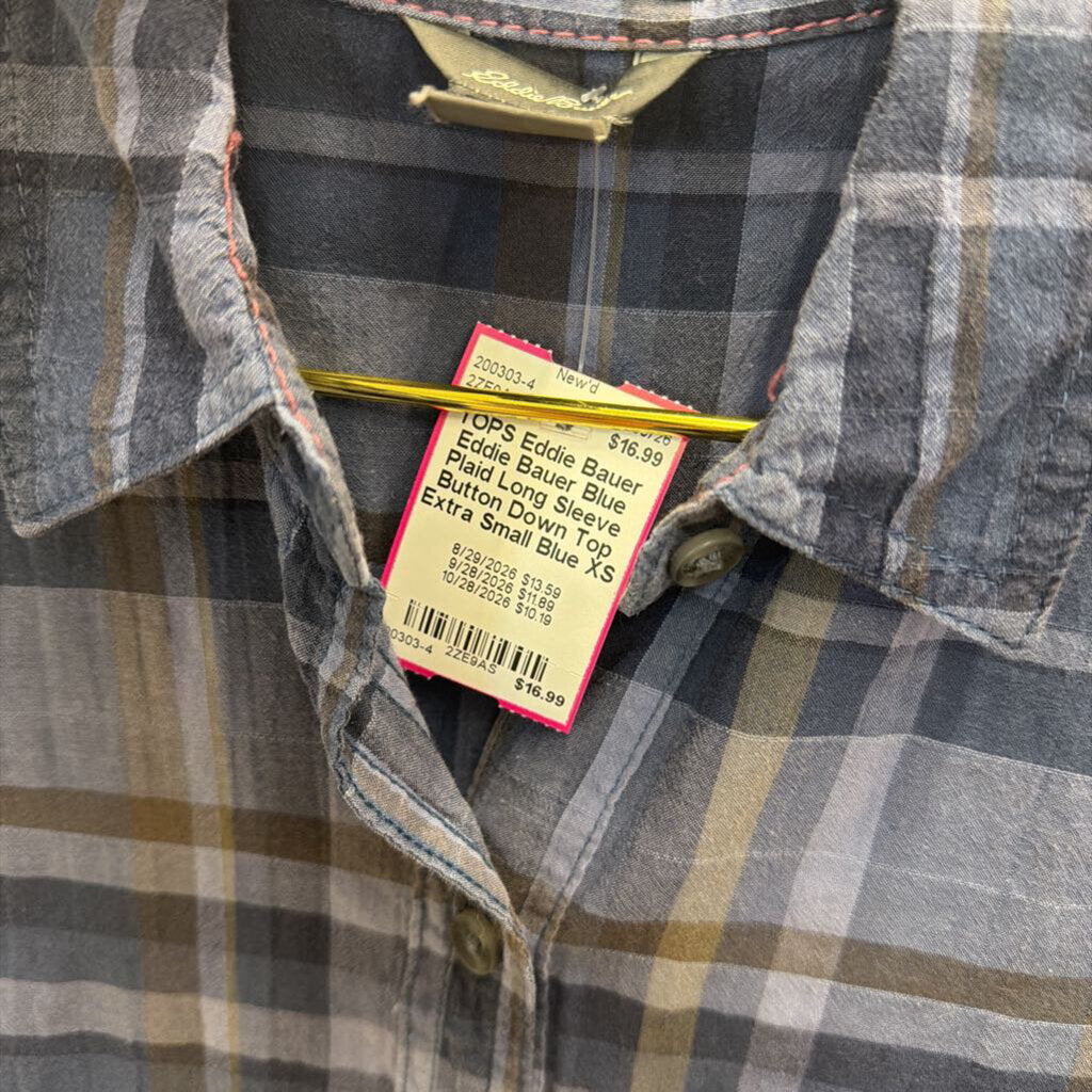 Eddie Bauer Blue Plaid Long Sleeve Button Down Top Extra Small