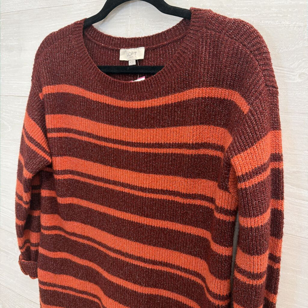 Loft Burgundy/ Orange Striped Knit Long Sleeve Sweater Top Medium