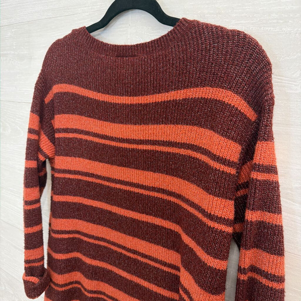 Loft Burgundy/ Orange Striped Knit Long Sleeve Sweater Top Medium