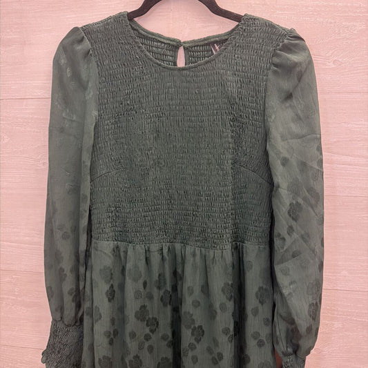 Pretty Garden Green Print Long Sleeve Smocked Top Maxi Dress Medium
