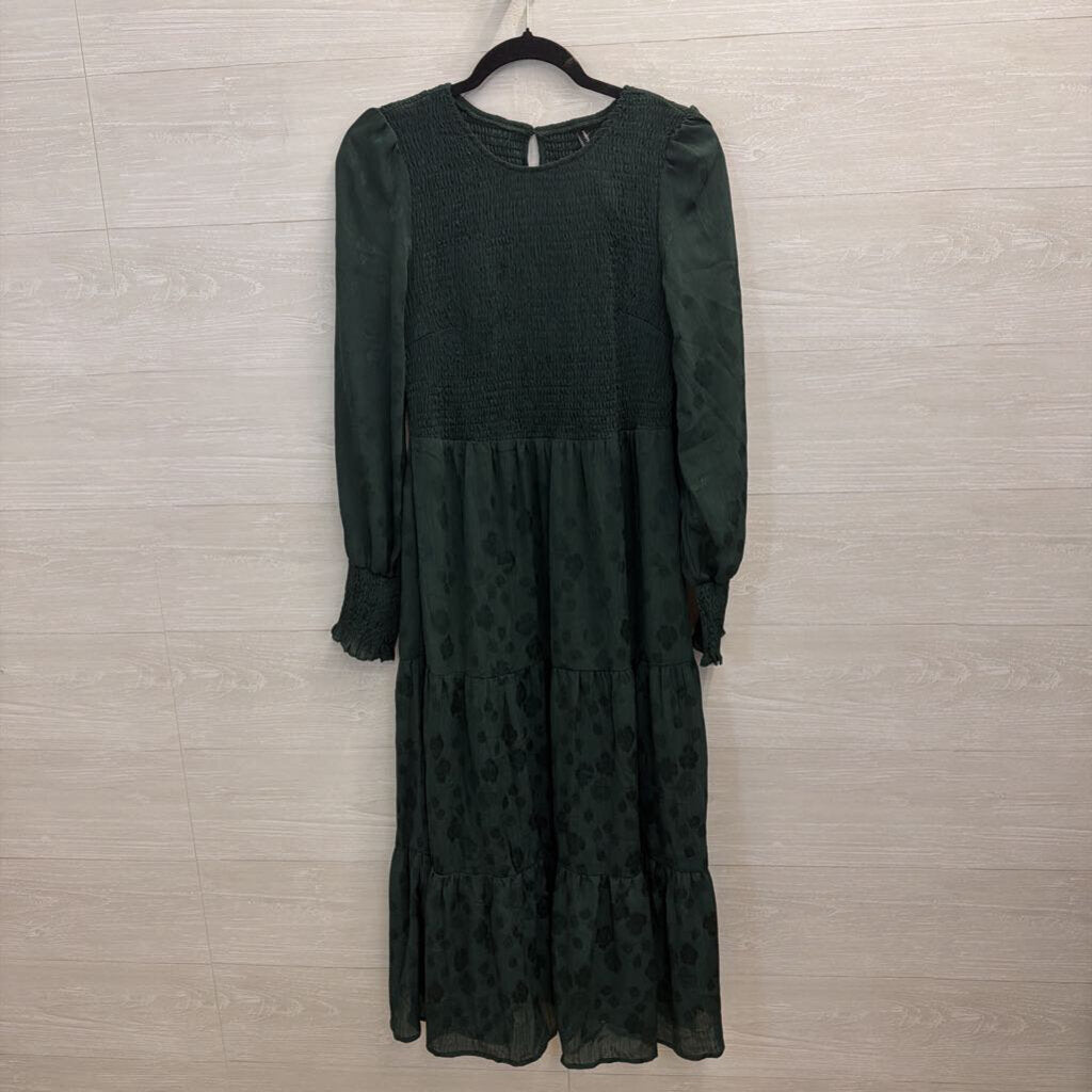 Pretty Garden Green Print Long Sleeve Smocked Top Maxi Dress Medium