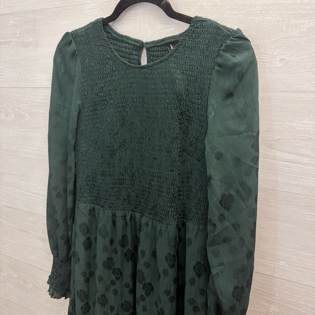 Pretty Garden Green Print Long Sleeve Smocked Top Maxi Dress Medium