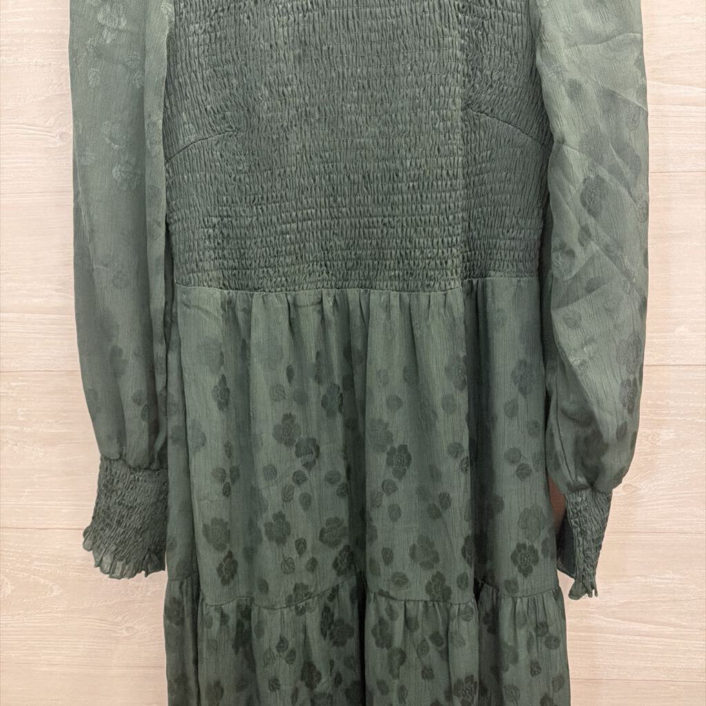 Pretty Garden Green Print Long Sleeve Smocked Top Maxi Dress Medium
