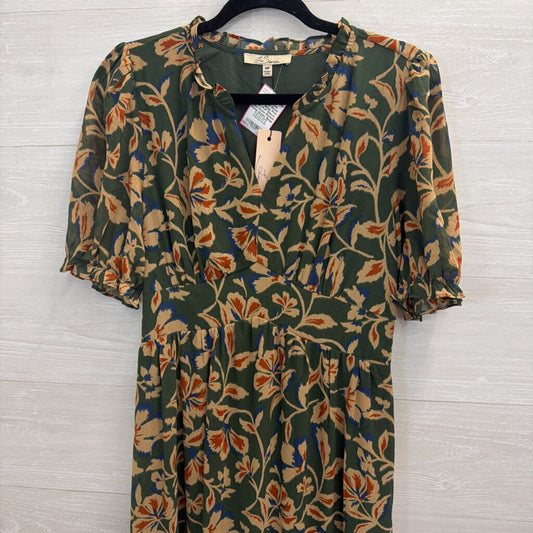 Les Serein Green/ Beige Print Short Puff Sleeve Maxi Dress Medium Petite
