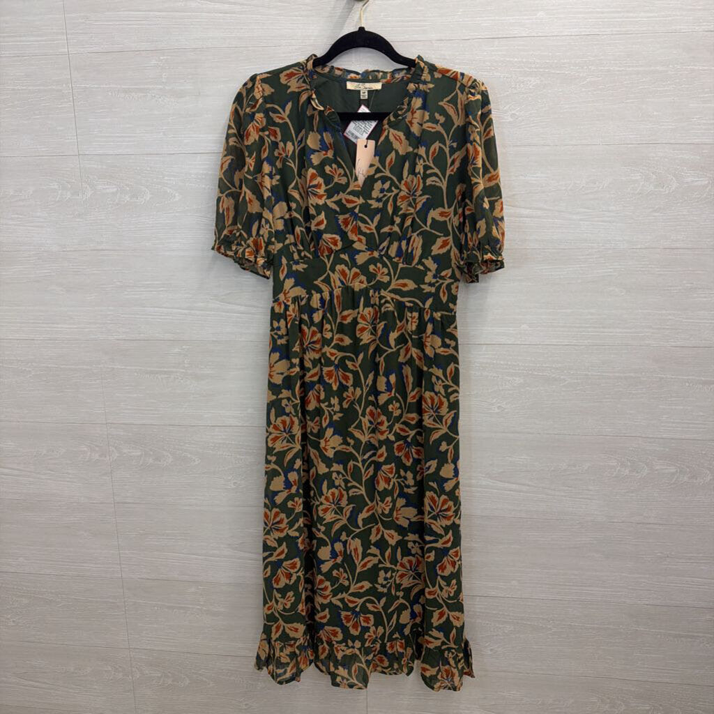 Les Serein Green/ Beige Print Short Puff Sleeve Maxi Dress Medium Petite