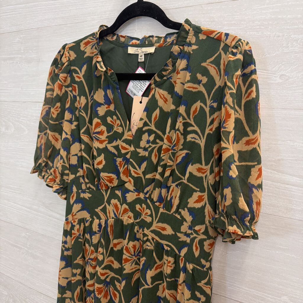 Les Serein Green/ Beige Print Short Puff Sleeve Maxi Dress Medium Petite