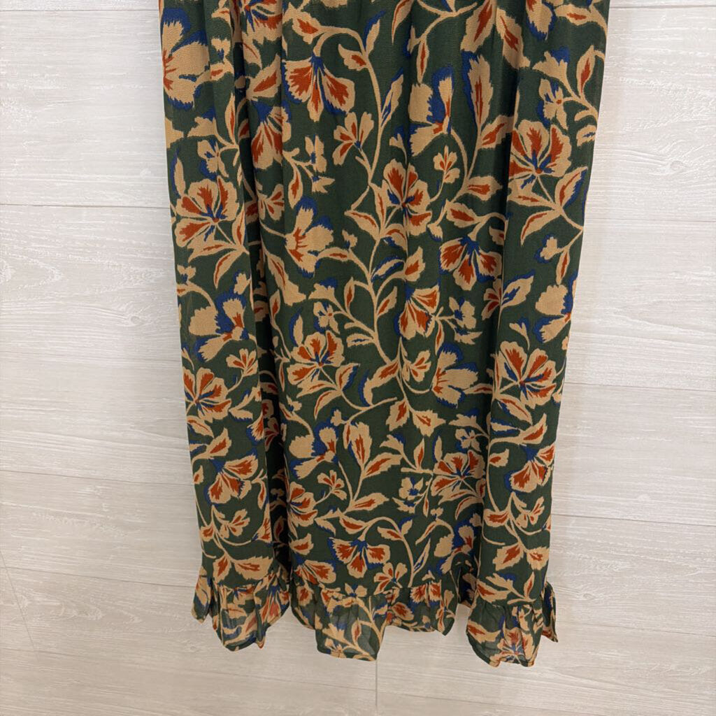 Les Serein Green/ Beige Print Short Puff Sleeve Maxi Dress Medium Petite