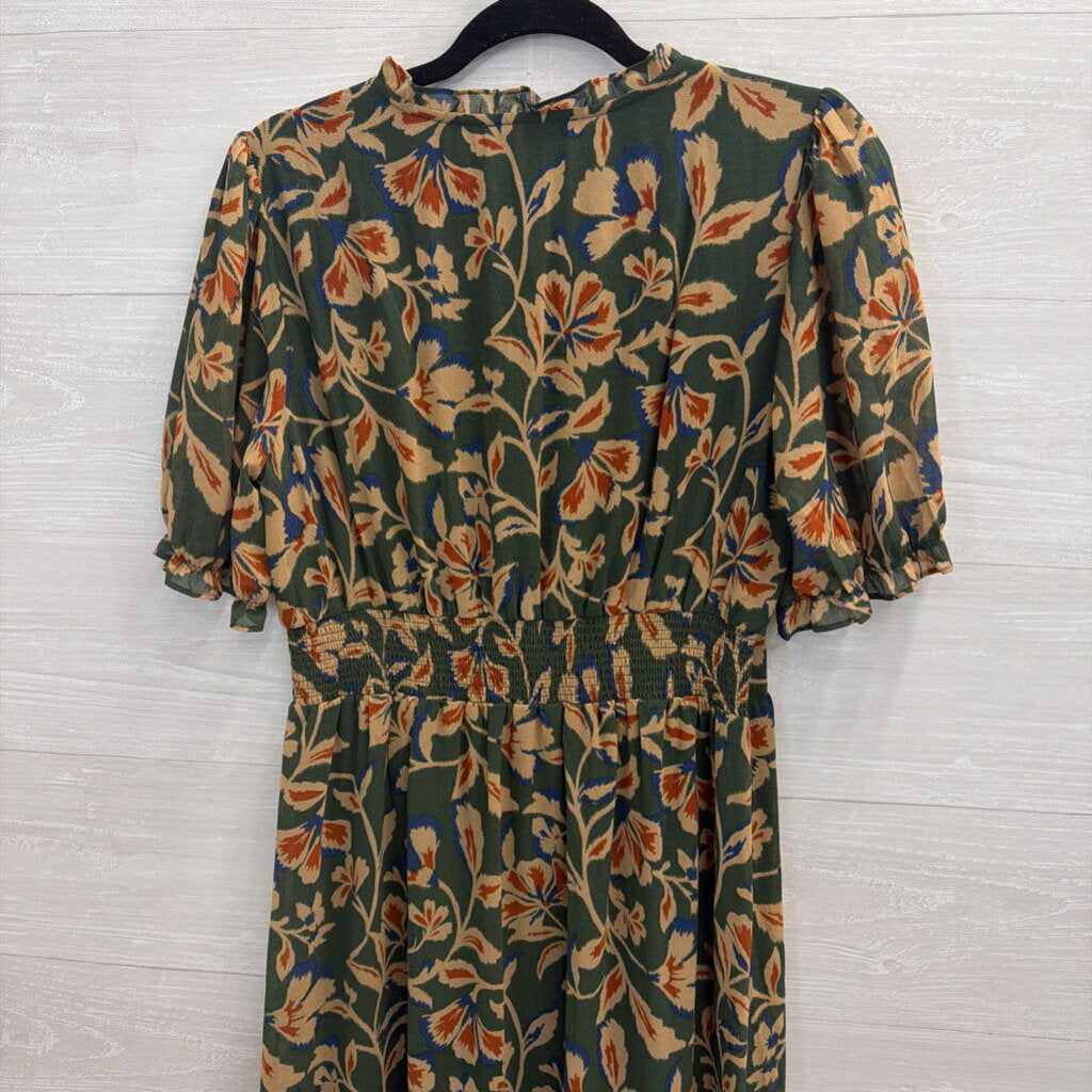 Les Serein Green/ Beige Print Short Puff Sleeve Maxi Dress Medium Petite