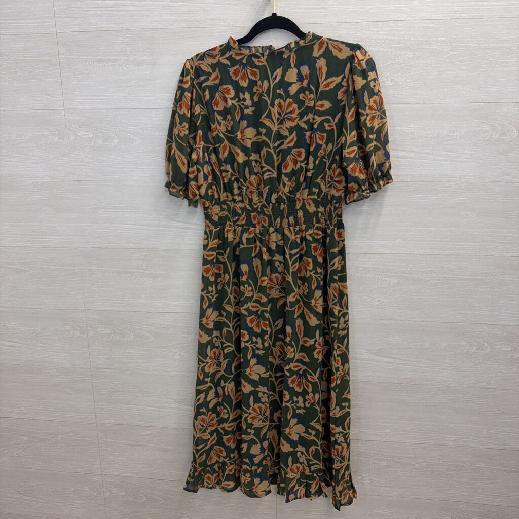 Les Serein Green/ Beige Print Short Puff Sleeve Maxi Dress Medium Petite