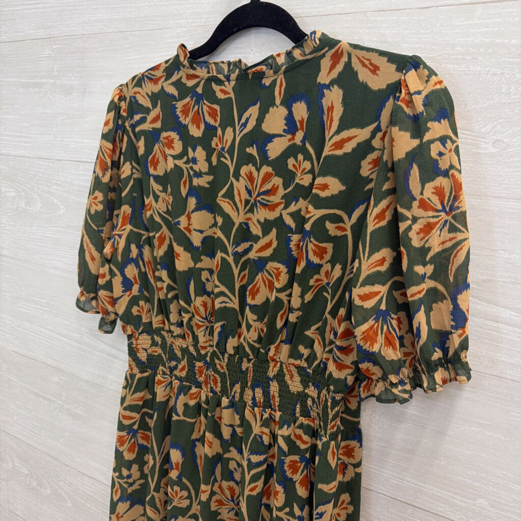Les Serein Green/ Beige Print Short Puff Sleeve Maxi Dress Medium Petite