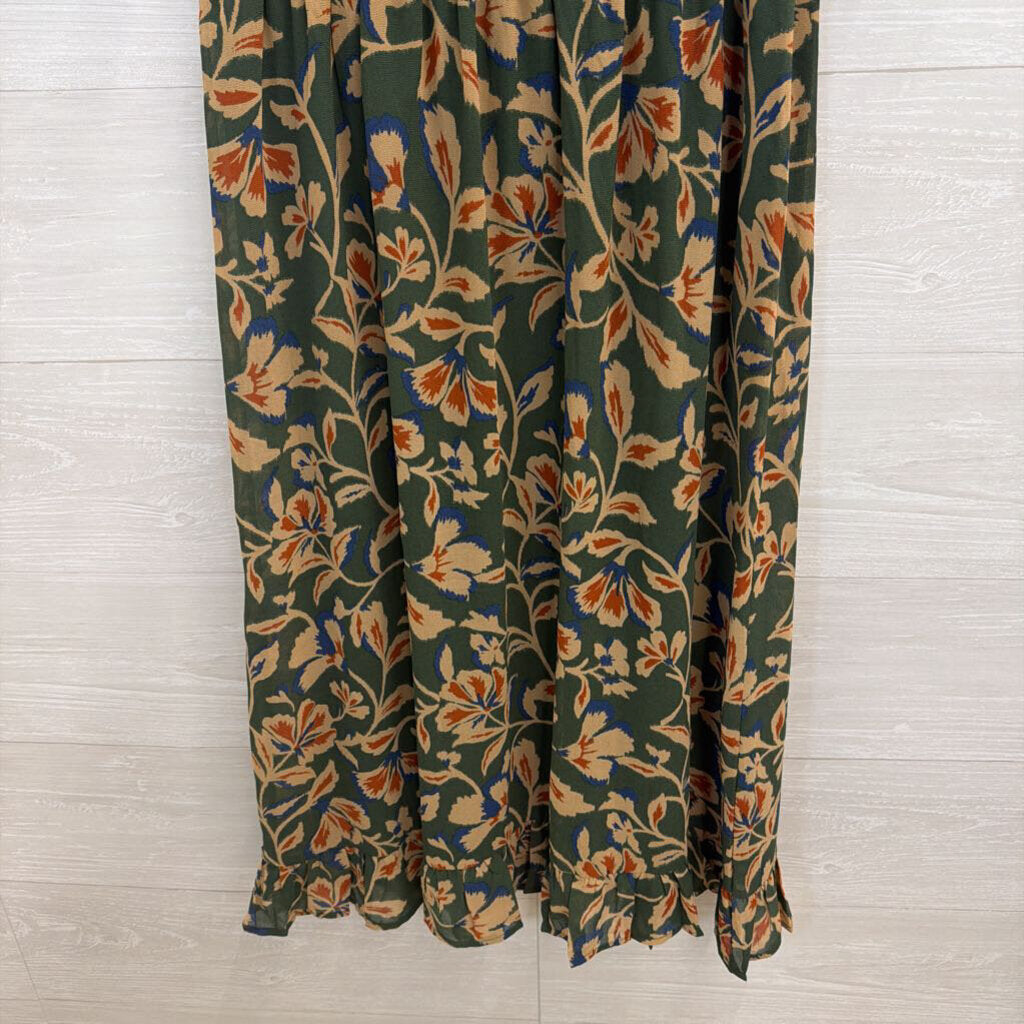 Les Serein Green/ Beige Print Short Puff Sleeve Maxi Dress Medium Petite